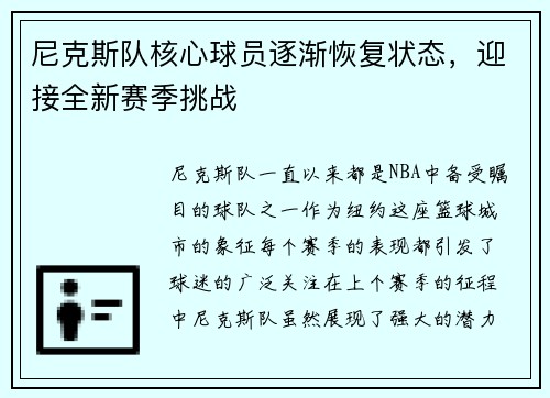 尼克斯队核心球员逐渐恢复状态，迎接全新赛季挑战